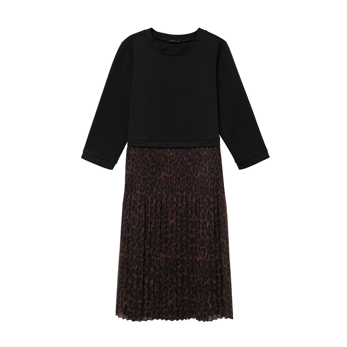 Robe bi-matière évasée col rond marron, BREAL