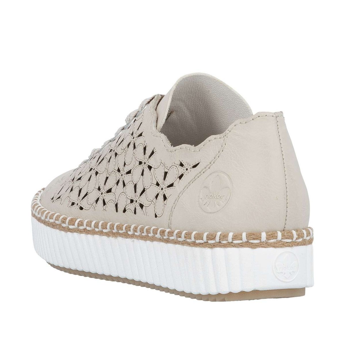 Tennis beiges en cuir à talon plat avec des lacets et des motifs fleuris beige, RIEKER