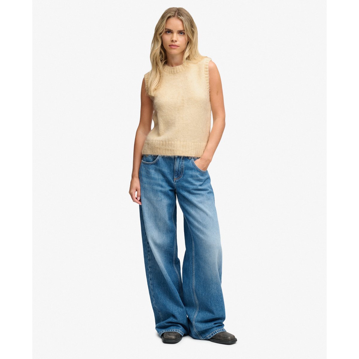 Débardeur en Maille Brossée Col Rond crème brûlée, SUPERDRY