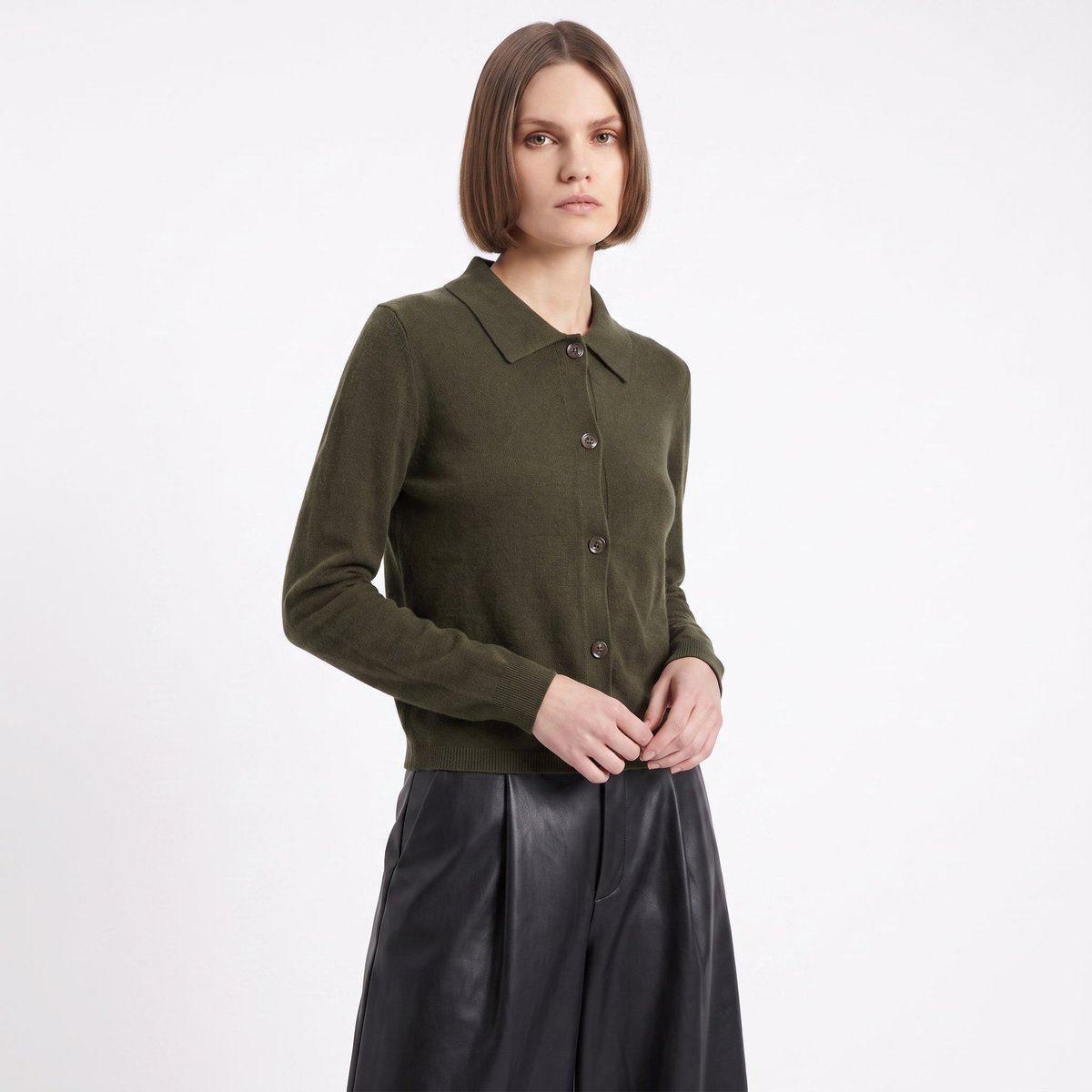 Cardigan col chemise boutonné manches longues GINGER khaki, ARTLOVE