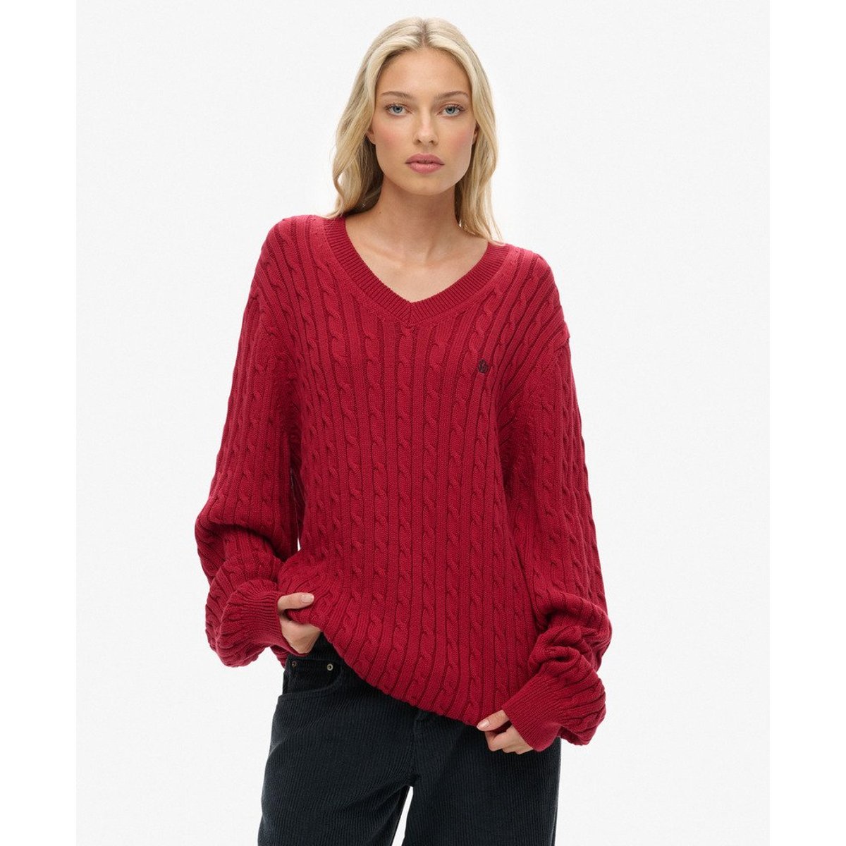 Pull à Câbles Col V Oversize rouge bordeaux, SUPERDRY
