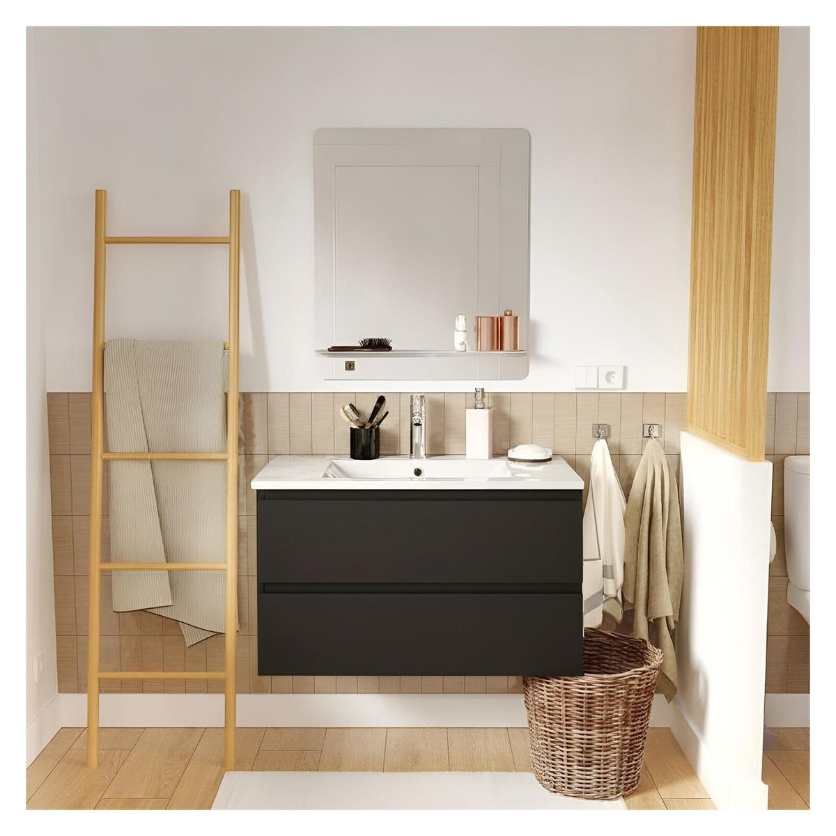 Meuble simple vasque 80cm décor chêne avec robinet et miroir SORRENTO noir satiné, MOB IN