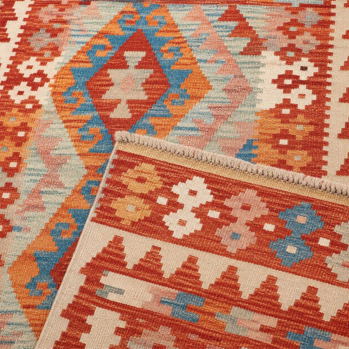Tapis kilim au motif ethnique, tissé plat artisanal, KILIM 45 rouge, bleu, orange, UN AMOUR DE TAPIS