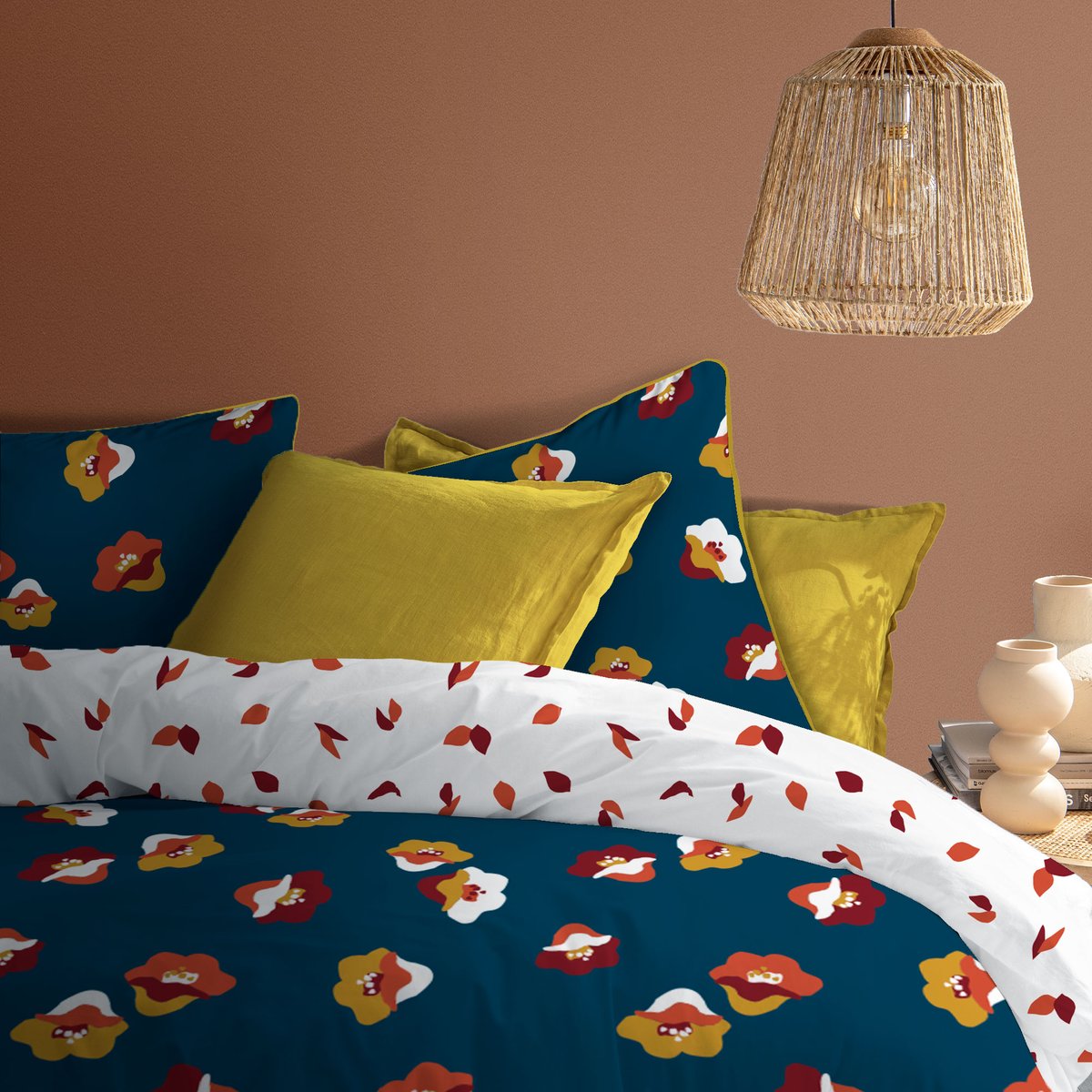 Set de 2 taies d'oreiller imprimées en percale de coton BIO, NARCISSE bleu paon, MATT ET ROSE