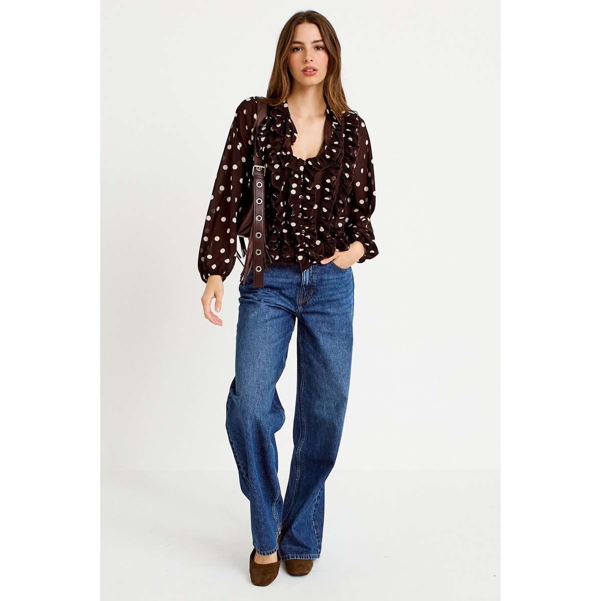 Blouse droite col v manches longues marron, CACHE CACHE