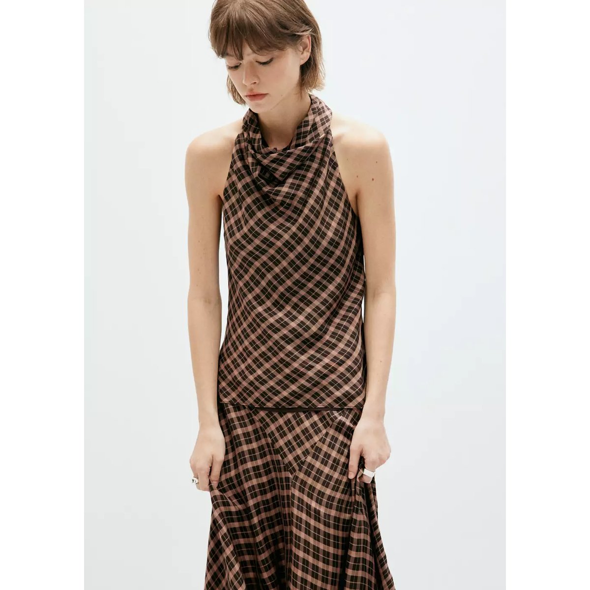 Top drapé à carreaux marron, MANGO