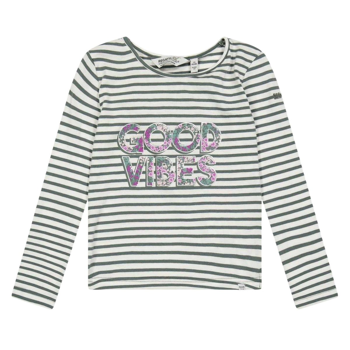 T-shirt manches longues motif/style à rayures et texte floral CLARABEE vert de gris à rayures, REGATTA