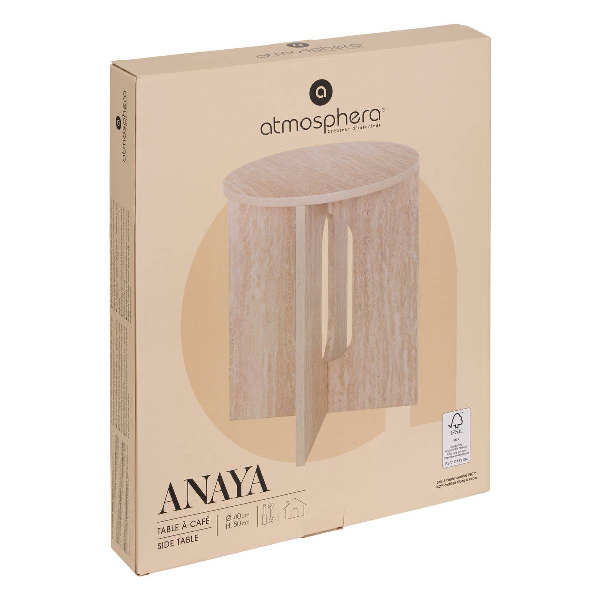 Table d’appoint ronde pieds croisés en bois ANAYA beige, ATMOSPHERA
