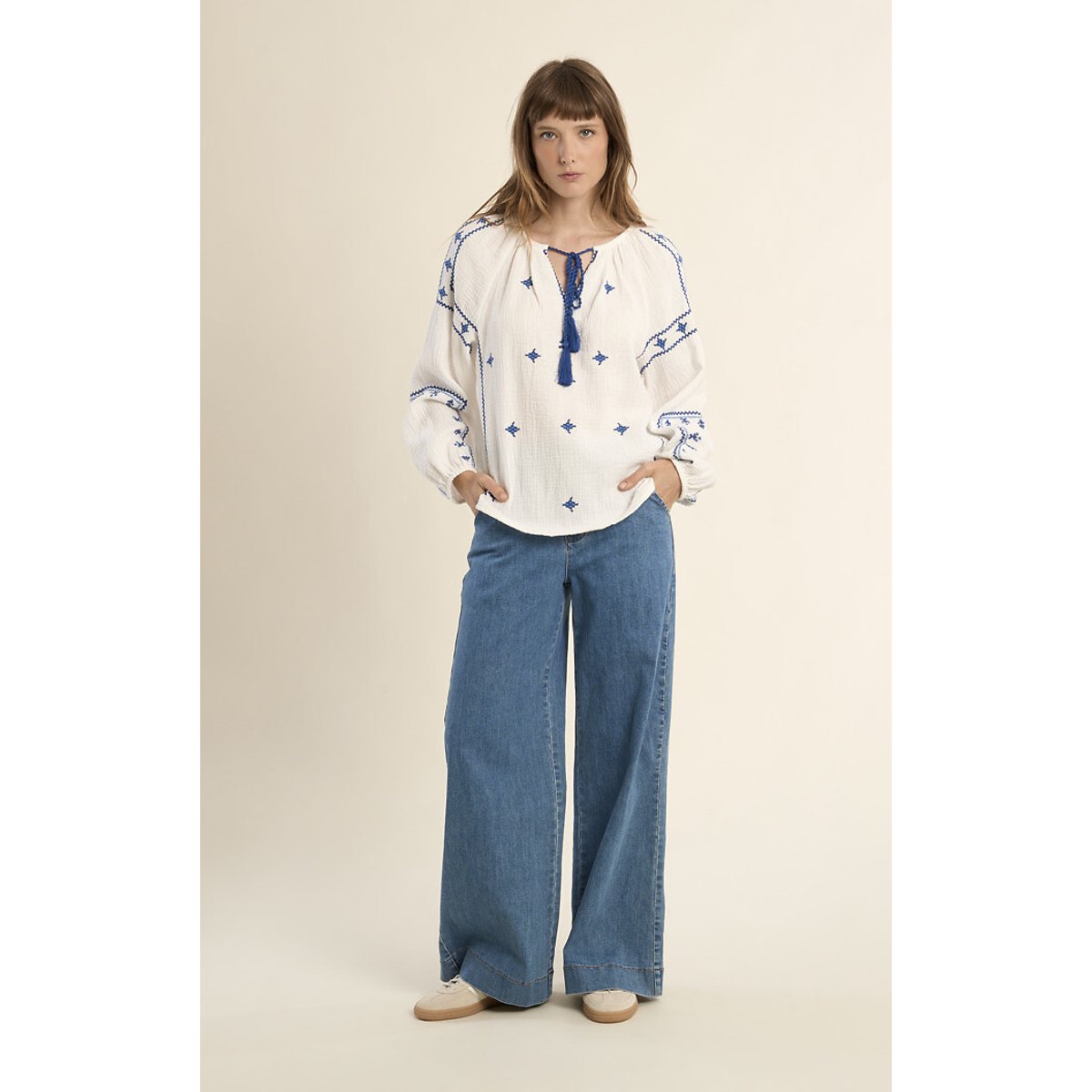 Embroidered Long Sleeve Blouse white, MOLLY BRACKEN