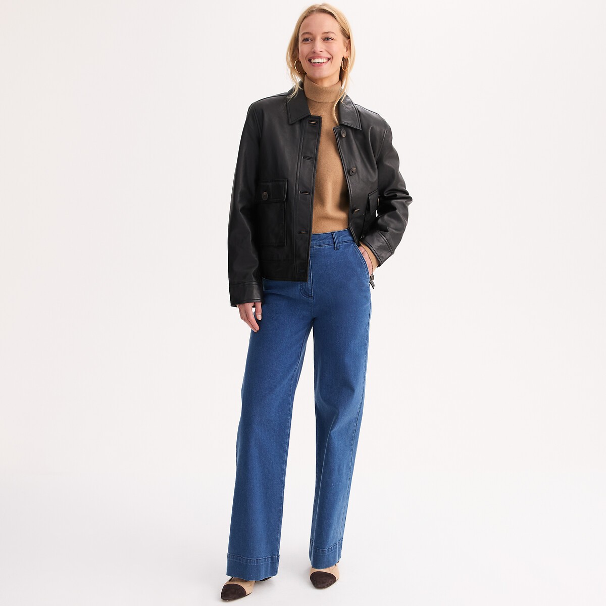 Blouson court cuir de mouton, fermeture boutonnée marron, ANNE WEYBURN