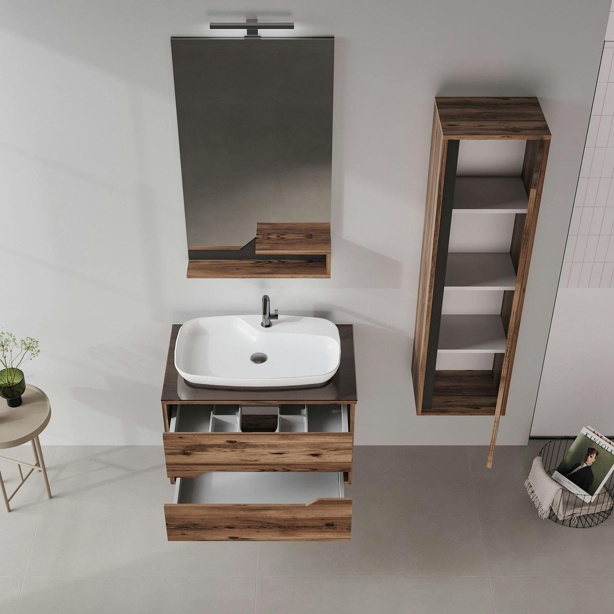 Meuble vasque suspendu 2 tiroirs 80 cm NEÏS bois foncé, PIER IMPORT