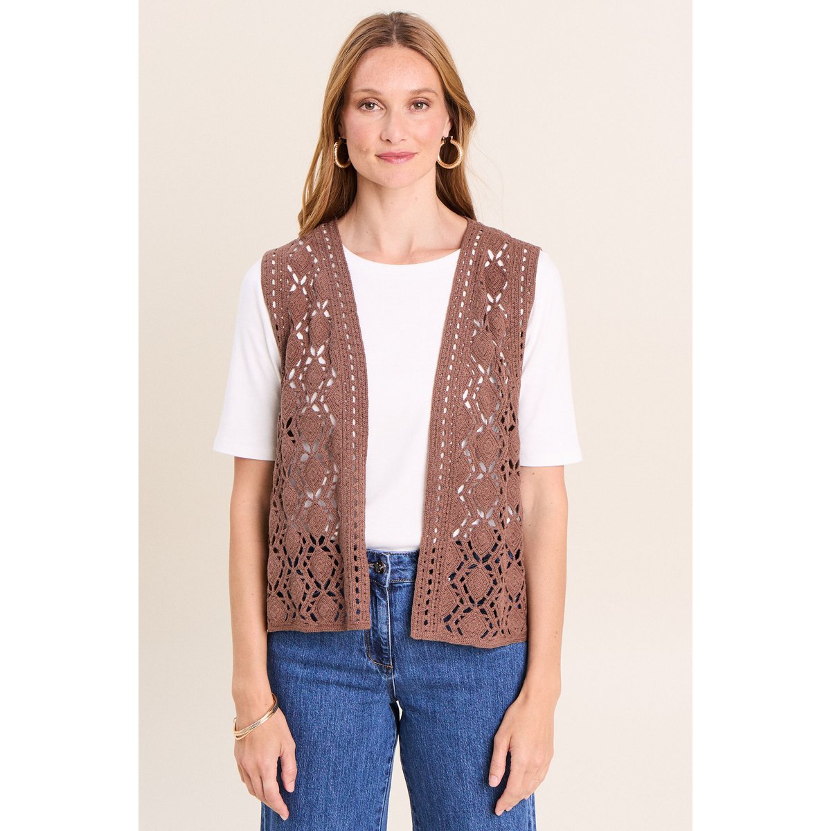 Gilet ajouré coupe droite courte marron, BREAL