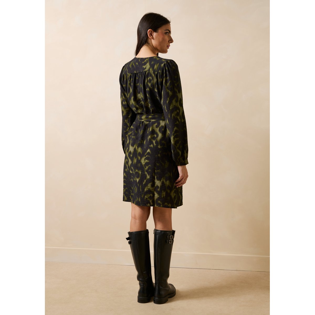 Robe courte boutonnée manches longues imprimée kaki, LA FEE MARABOUTEE