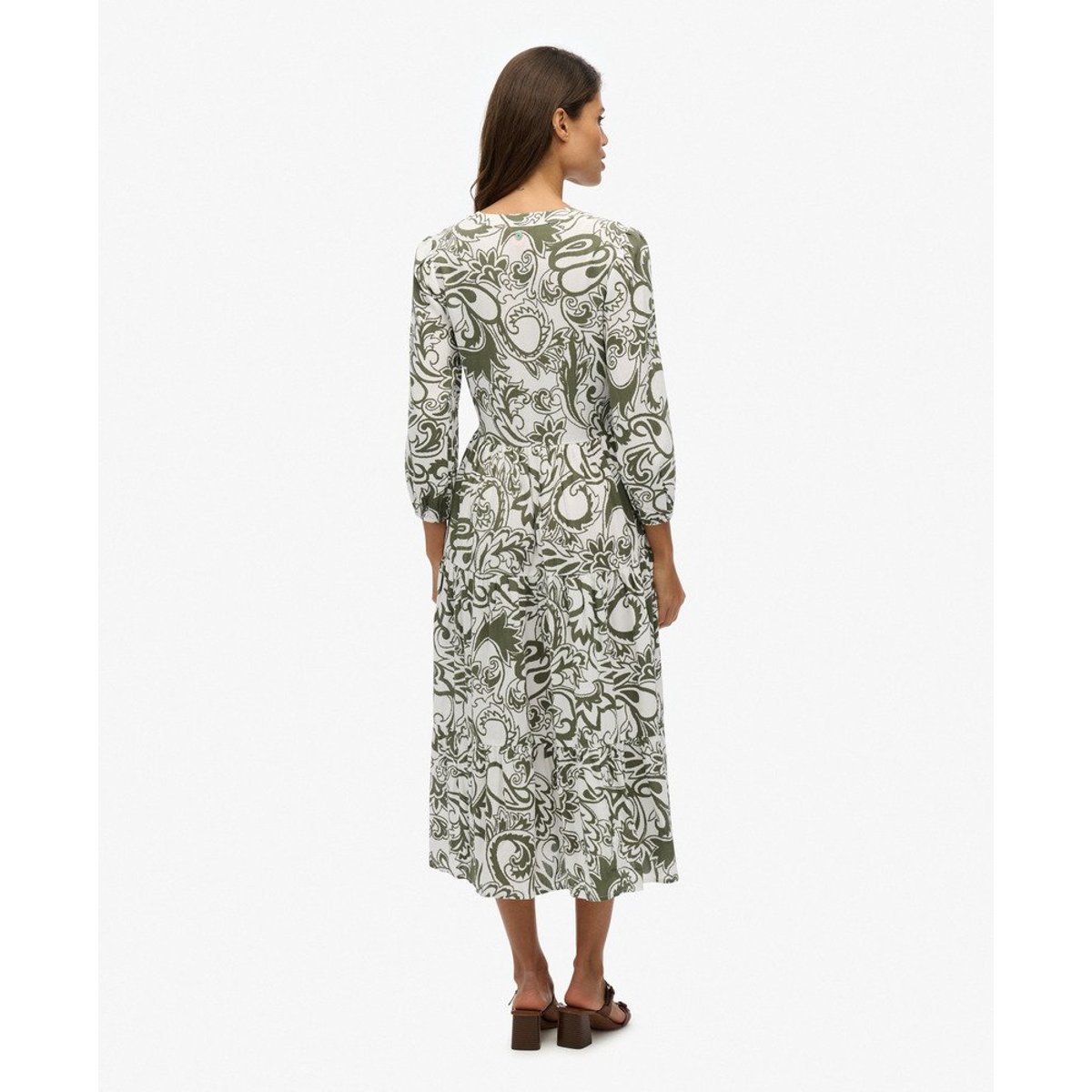 Robe mi-longue tissée à volants cachemire kaki, SUPERDRY