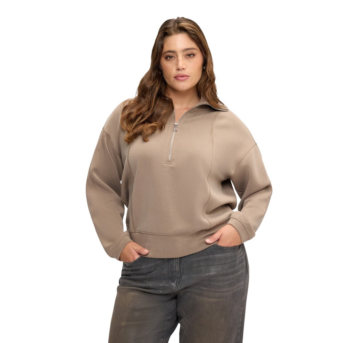 Sweat fermé avec col montant et fermeture zippée marron, FIORELLA RUBINO