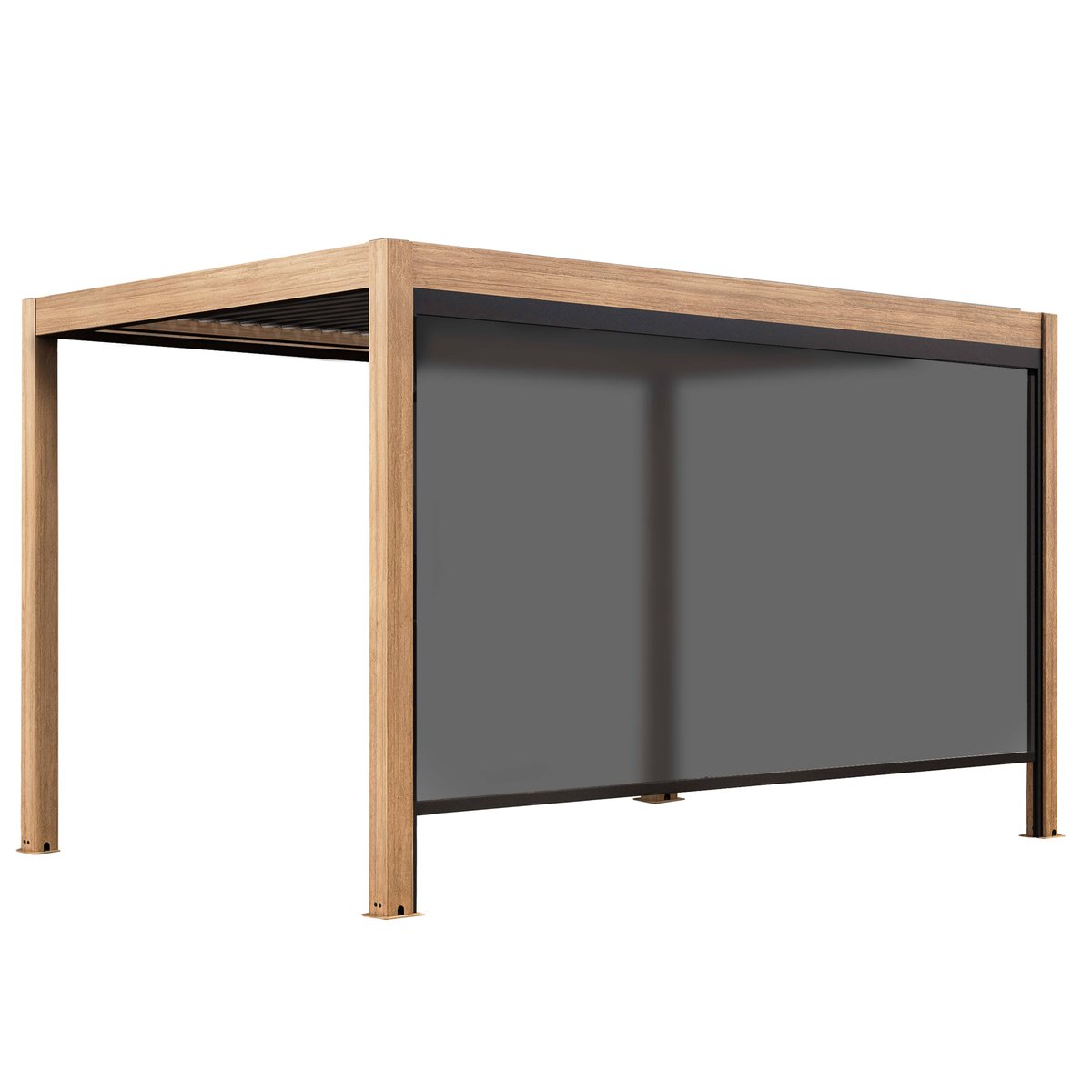 Pergola bioclimatique autoportée et motorisée éclairée 3x4m et 1 store bois, OVIALA