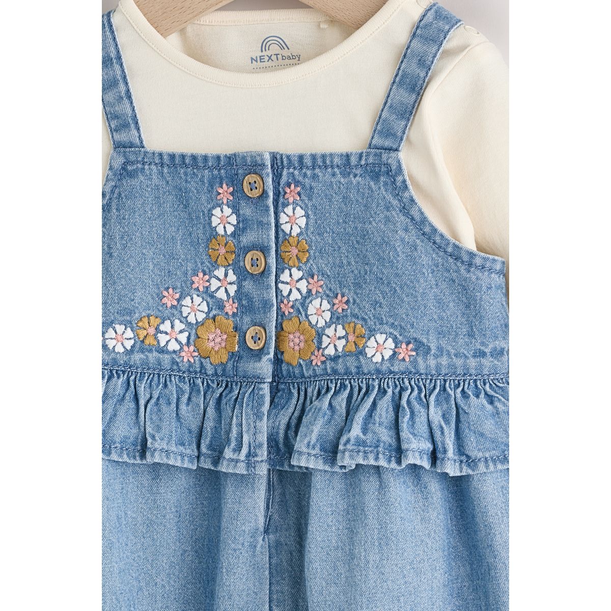 Ensemble bébé salopette body denim bleu brodé, NEXT