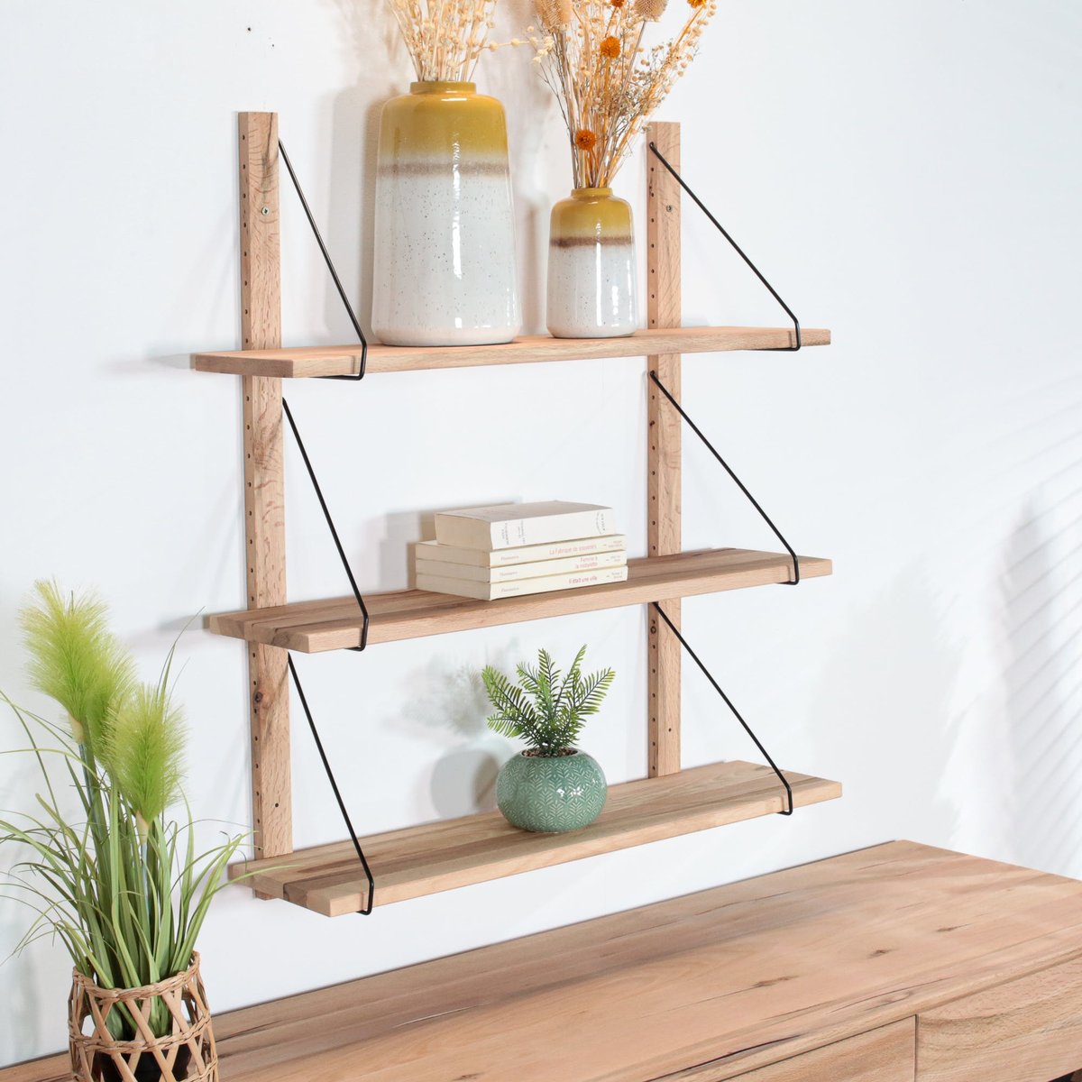 Etagère murale bois massif 3 plateaux (bois blanc) PALERME bois naturel, PIER IMPORT