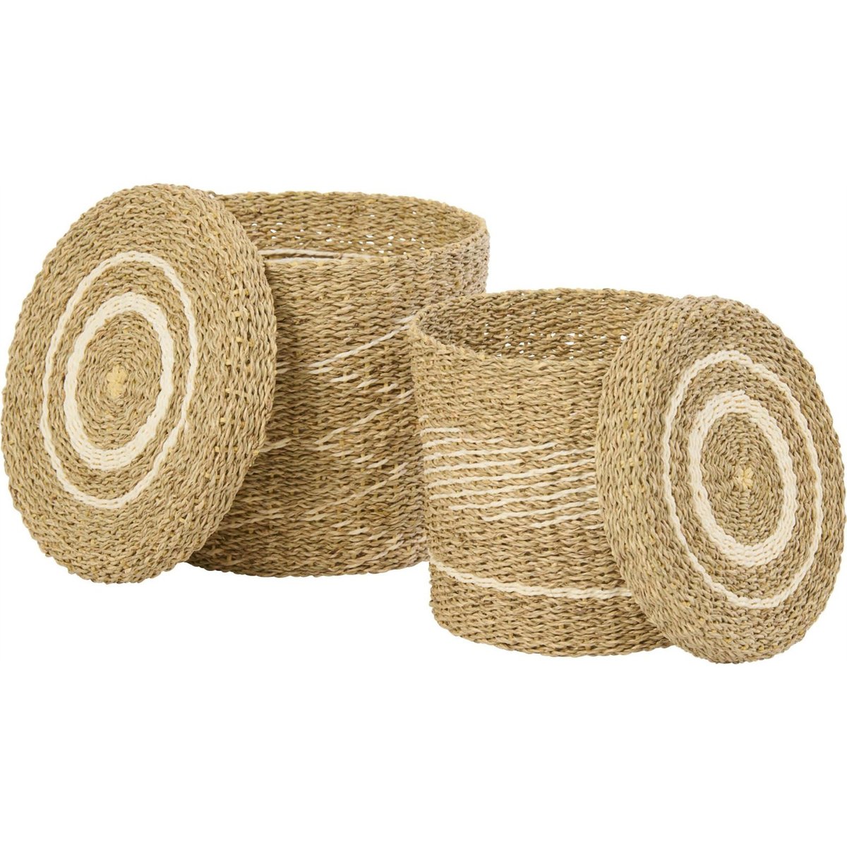 Set de 2 paniers tressés avec couvercle blanc et naturel, RECOLLECTION