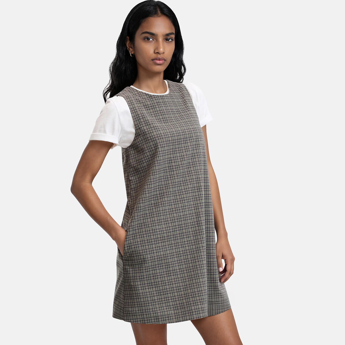 Checked Sleeveless Mini Dress checks on grey background, LA REDOUTE COLLECTIONS