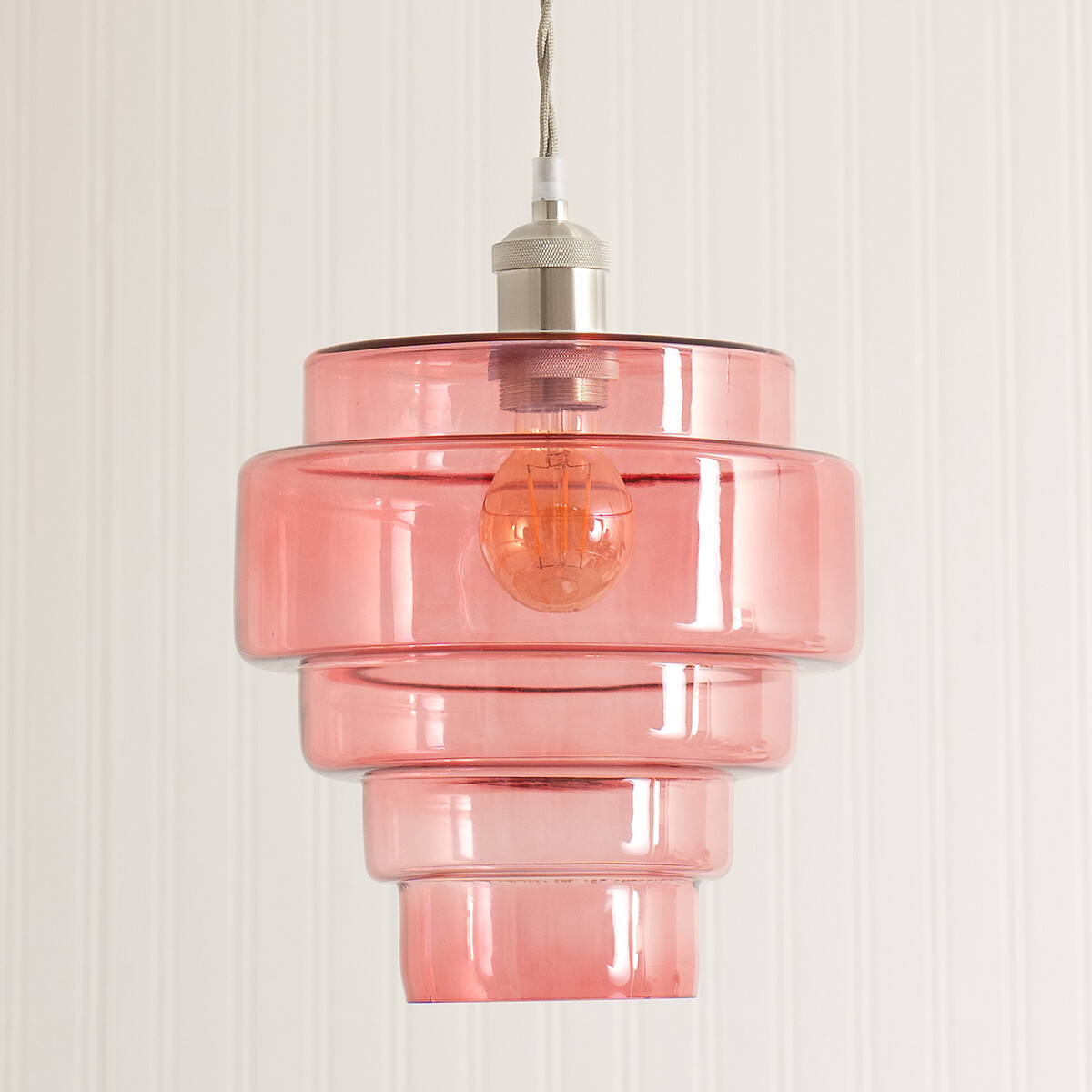 Lora Pendant Light with Glass 5-Tier Shade in Brushed Chrome pink, SO'HOME