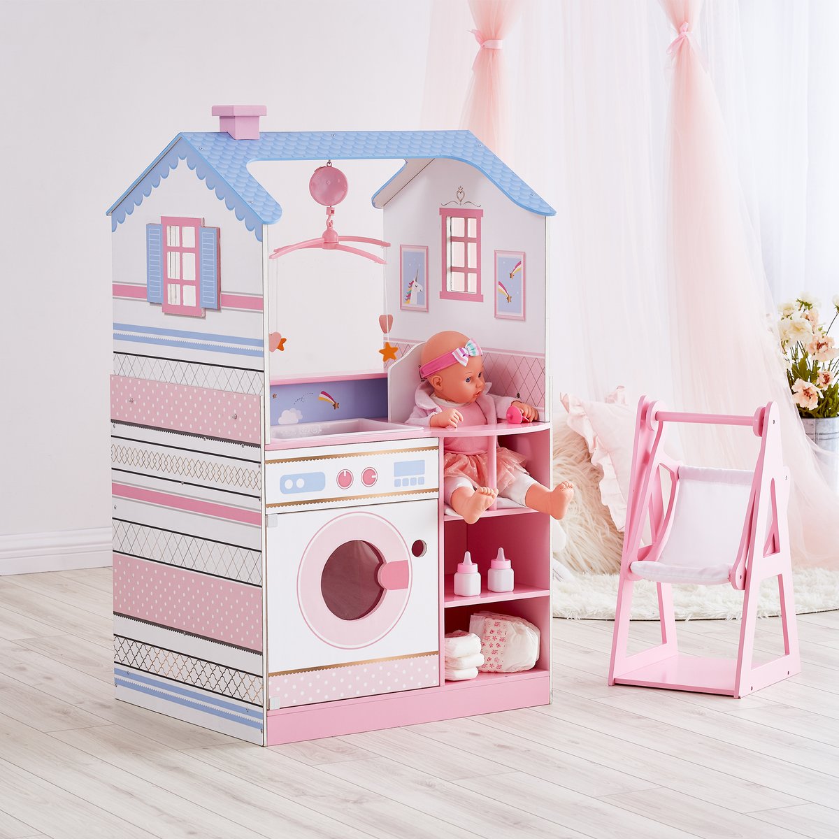 Table à langer poupée avec rangement et lit bébé rose, TEAMSON KIDS