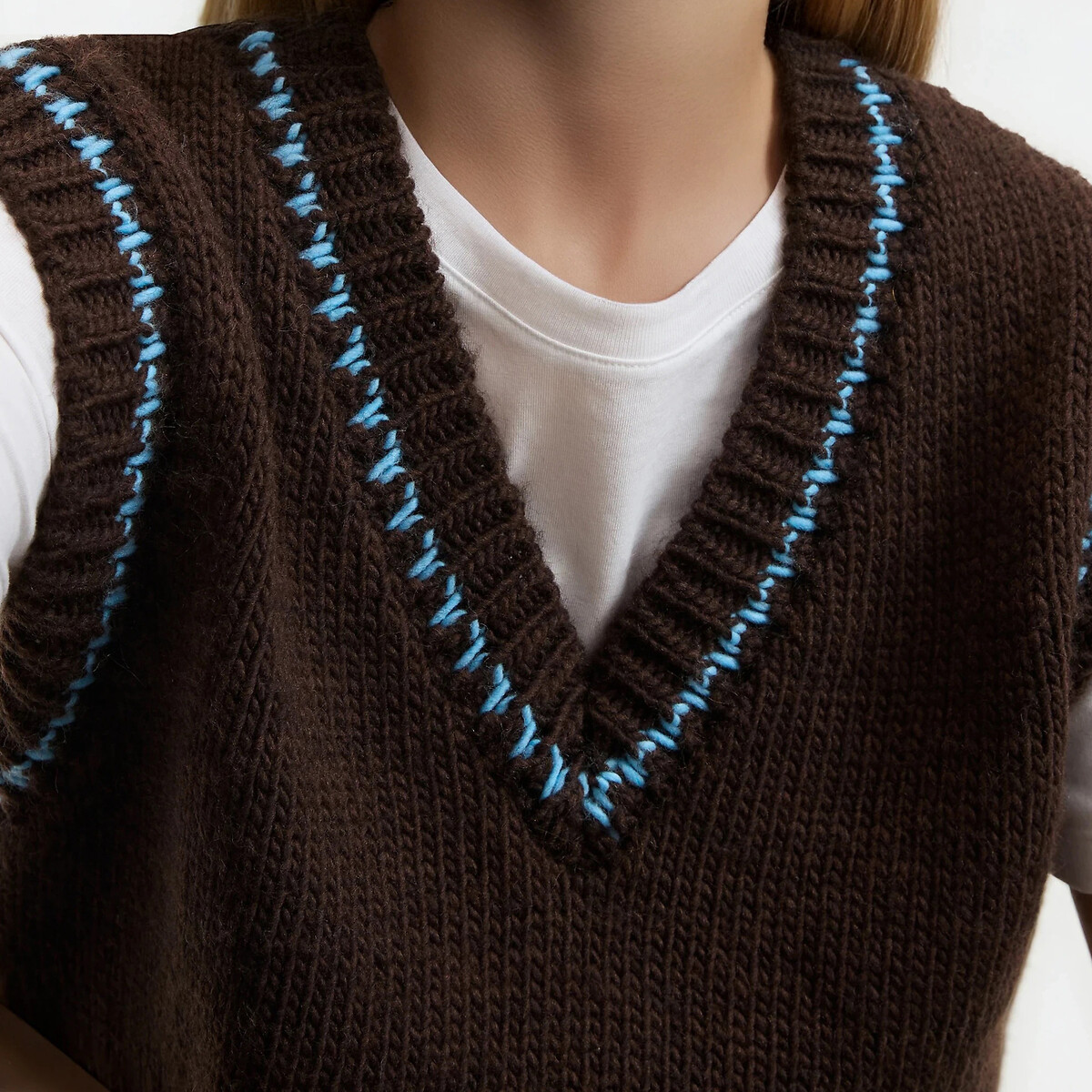 Sleeveless Chunky Knit V-Neck Jumper brown/blue, LA REDOUTE COLLECTIONS