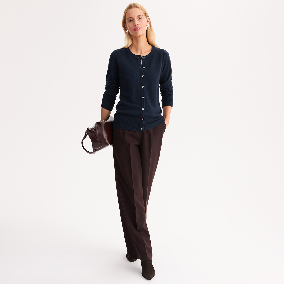 Cardigan col rond, en maille toucher très doux marine, ANNE WEYBURN