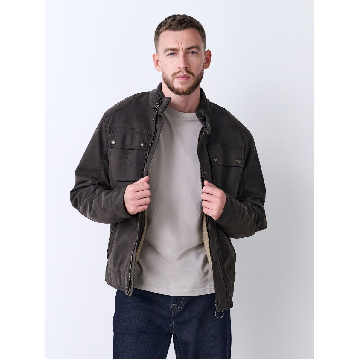 Veste motard 4 poches en similicuir doublé marron, NEXT