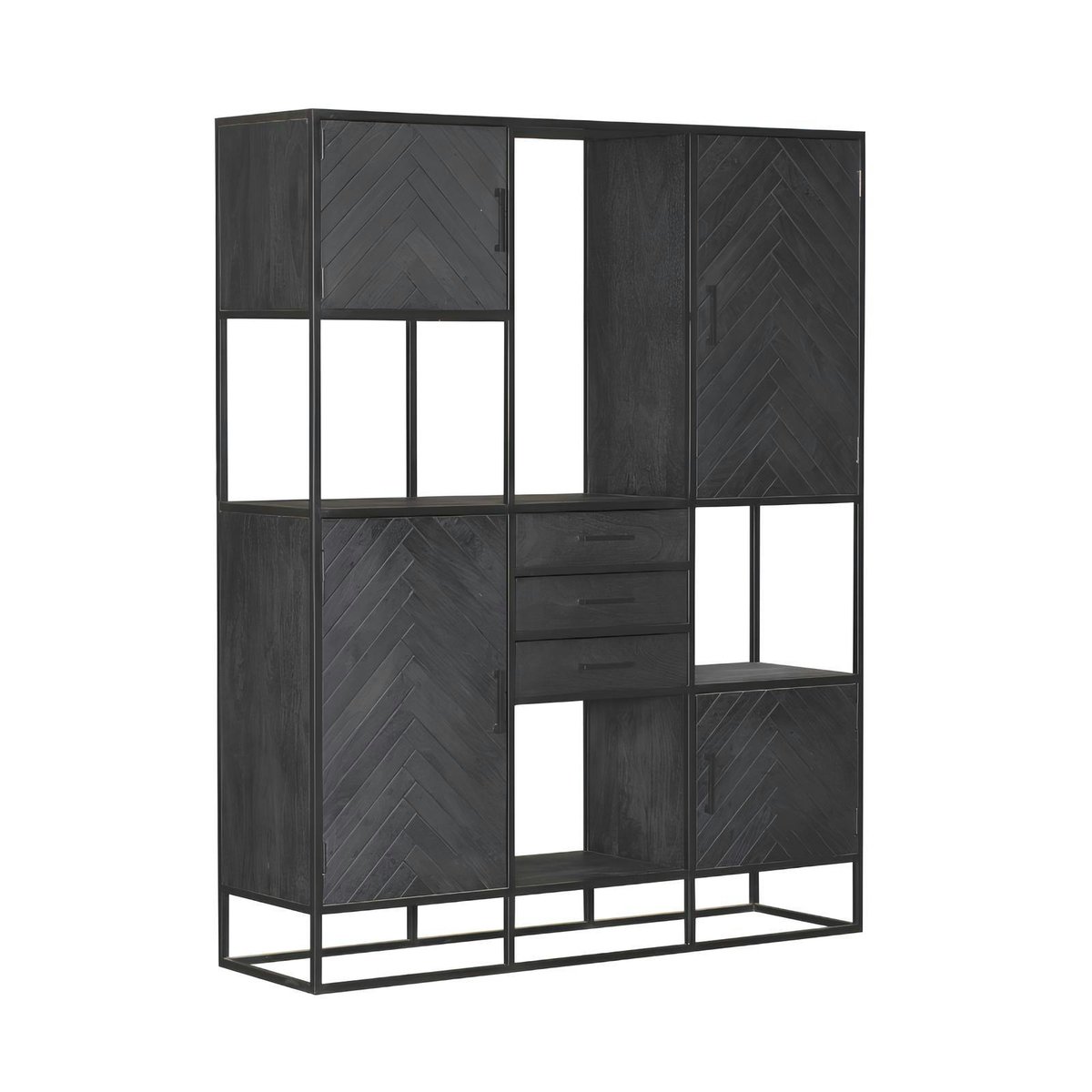 Bibliothèque étagère bois noir 4 portes motif chevron ALVERA noir, PIER IMPORT