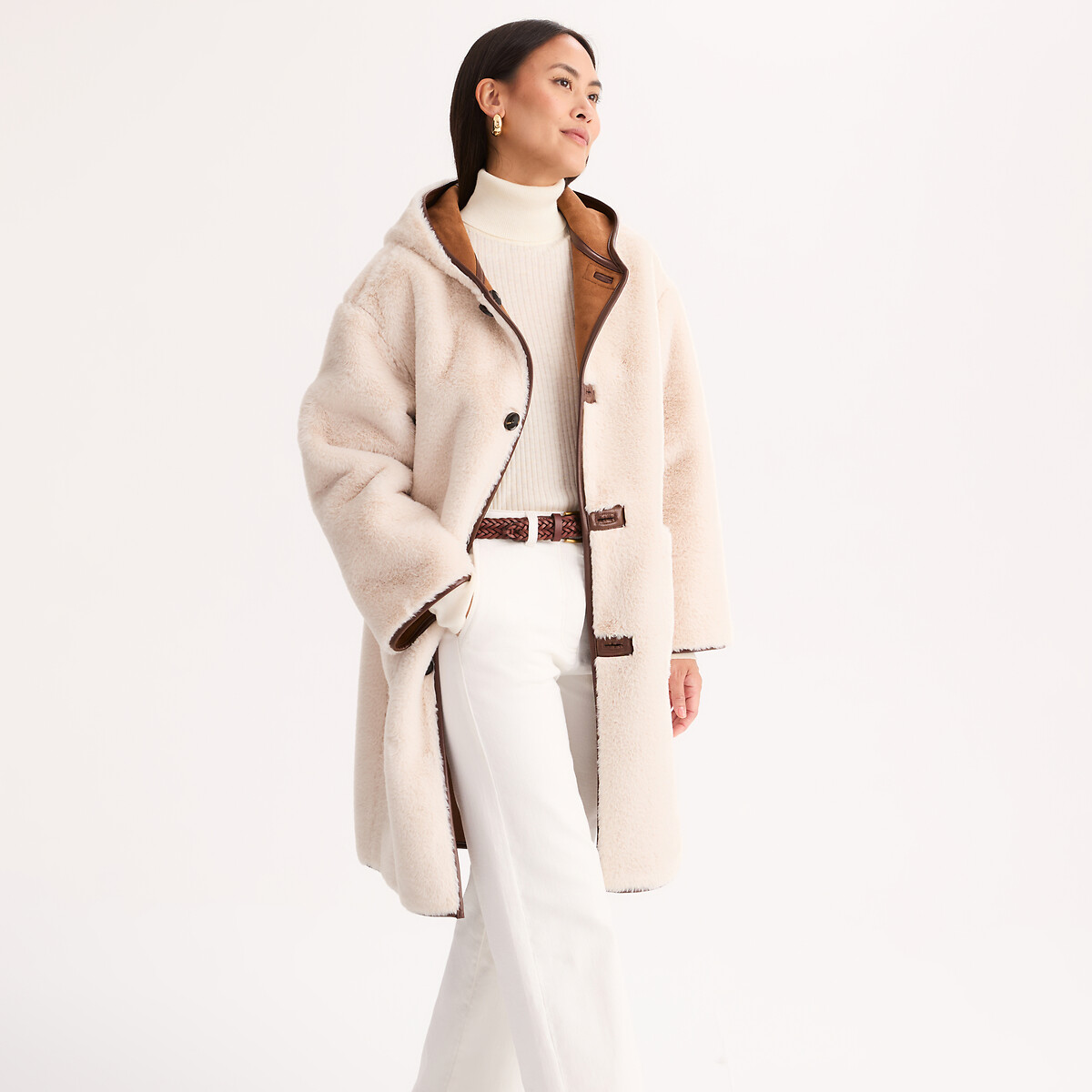 Manteau mi-long à capuche, réversible camel/écru, ANNE WEYBURN