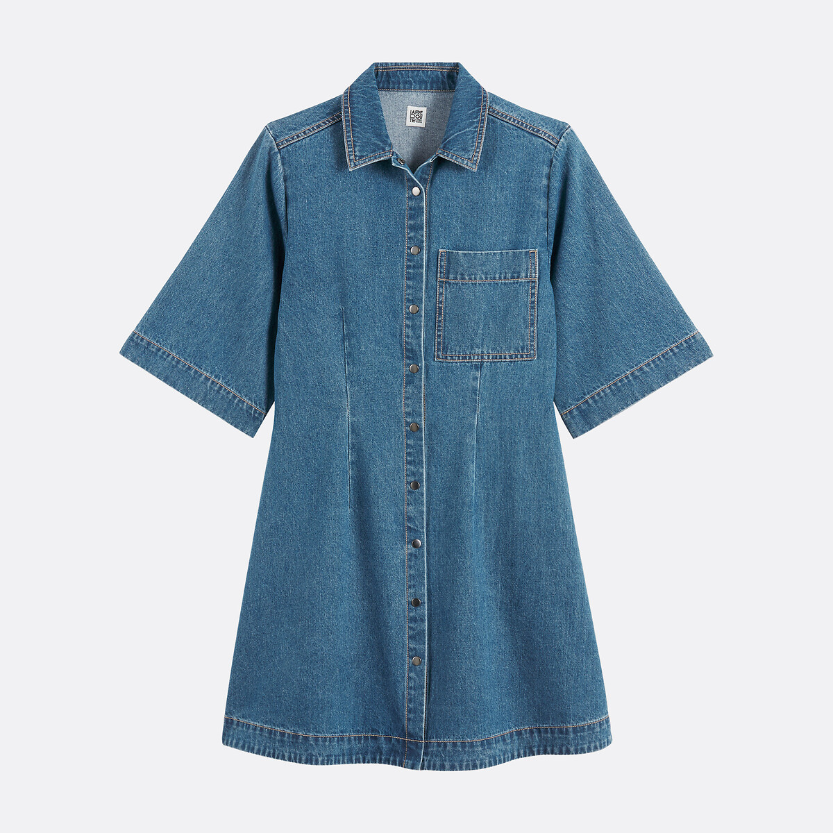 Robe évasée en denim, courte, manches courtes, pressionnée devant denim stone, LA REDOUTE COLLECTIONS