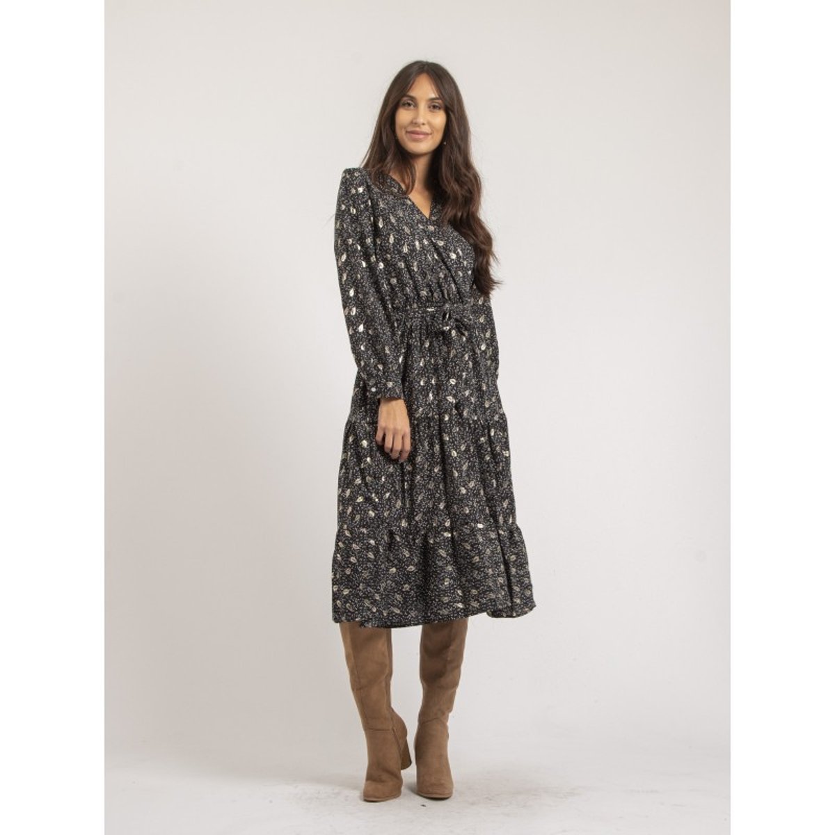 Robe Mi-longue Motifs Ivelia noir, DONA LISA