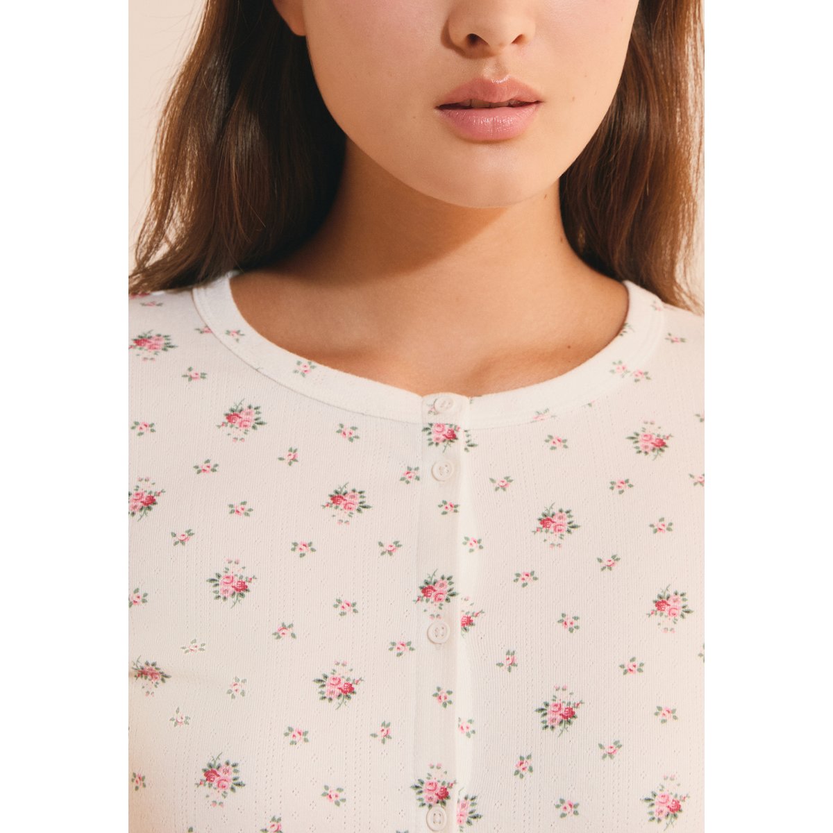 T-shirt manches longues avec boutons BAYALINE ecru, ETAM