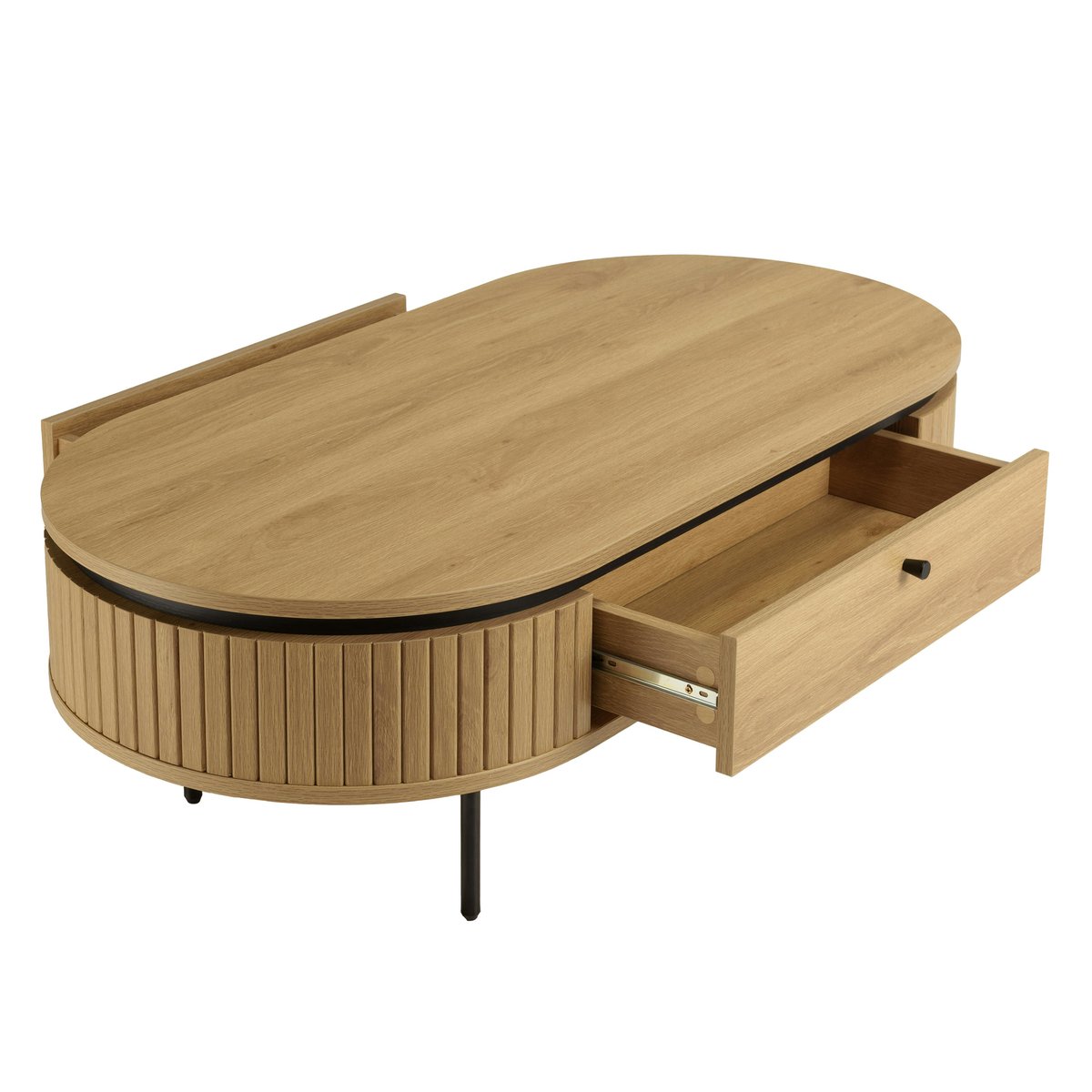 Table basse 2 tiroirs bords arrondis bois décor strié JINAN bois naturel, PIER IMPORT