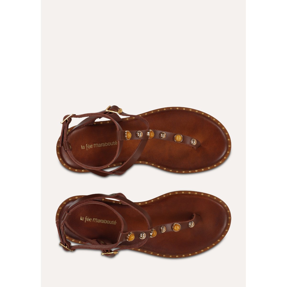 Sandales plates en cuir avec bijoux marron, LA FEE MARABOUTEE