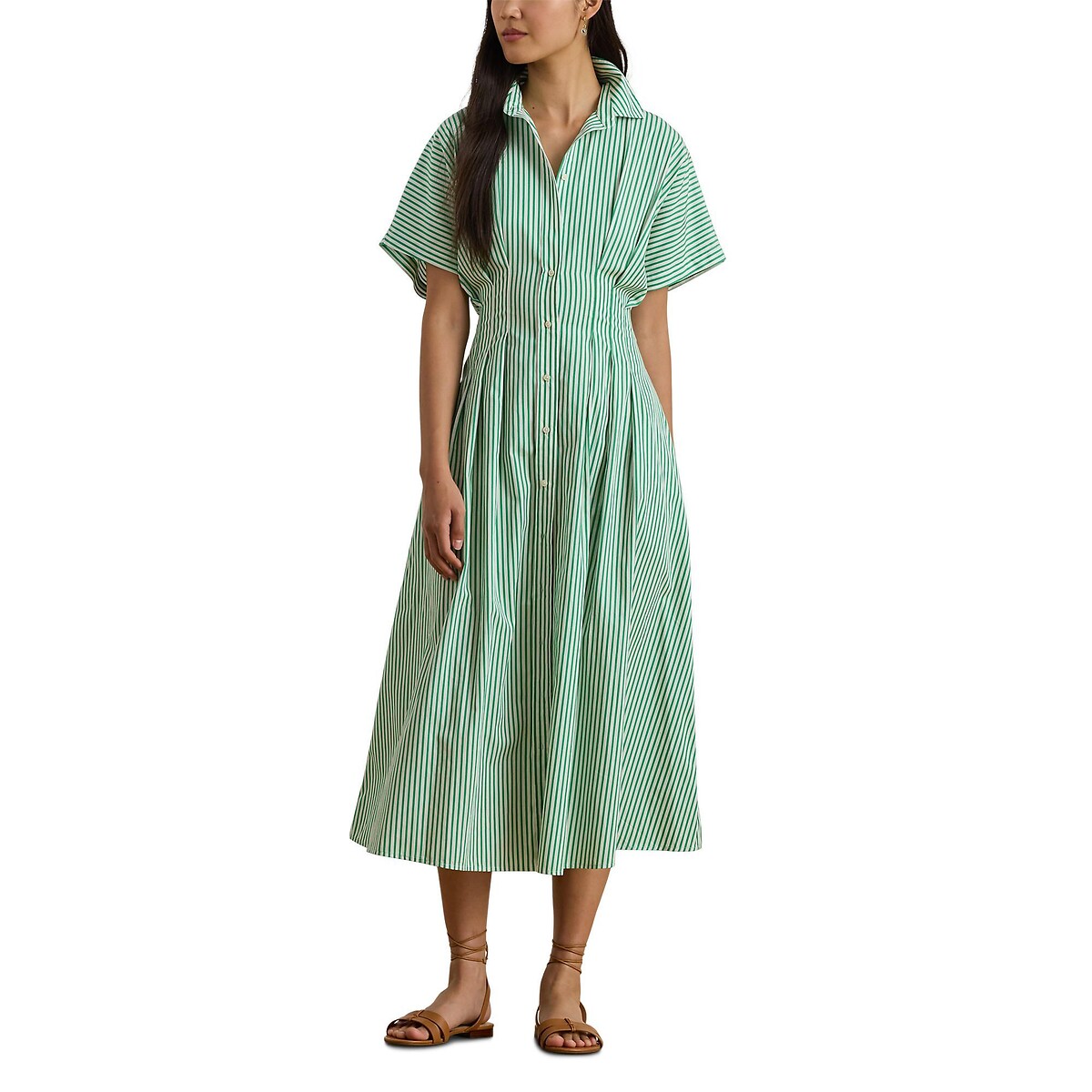 Vestido camisero midi de manga corta con estampado a rayas, RUSHANIA rayas verde/blanco, LAUREN RALPH LAUREN