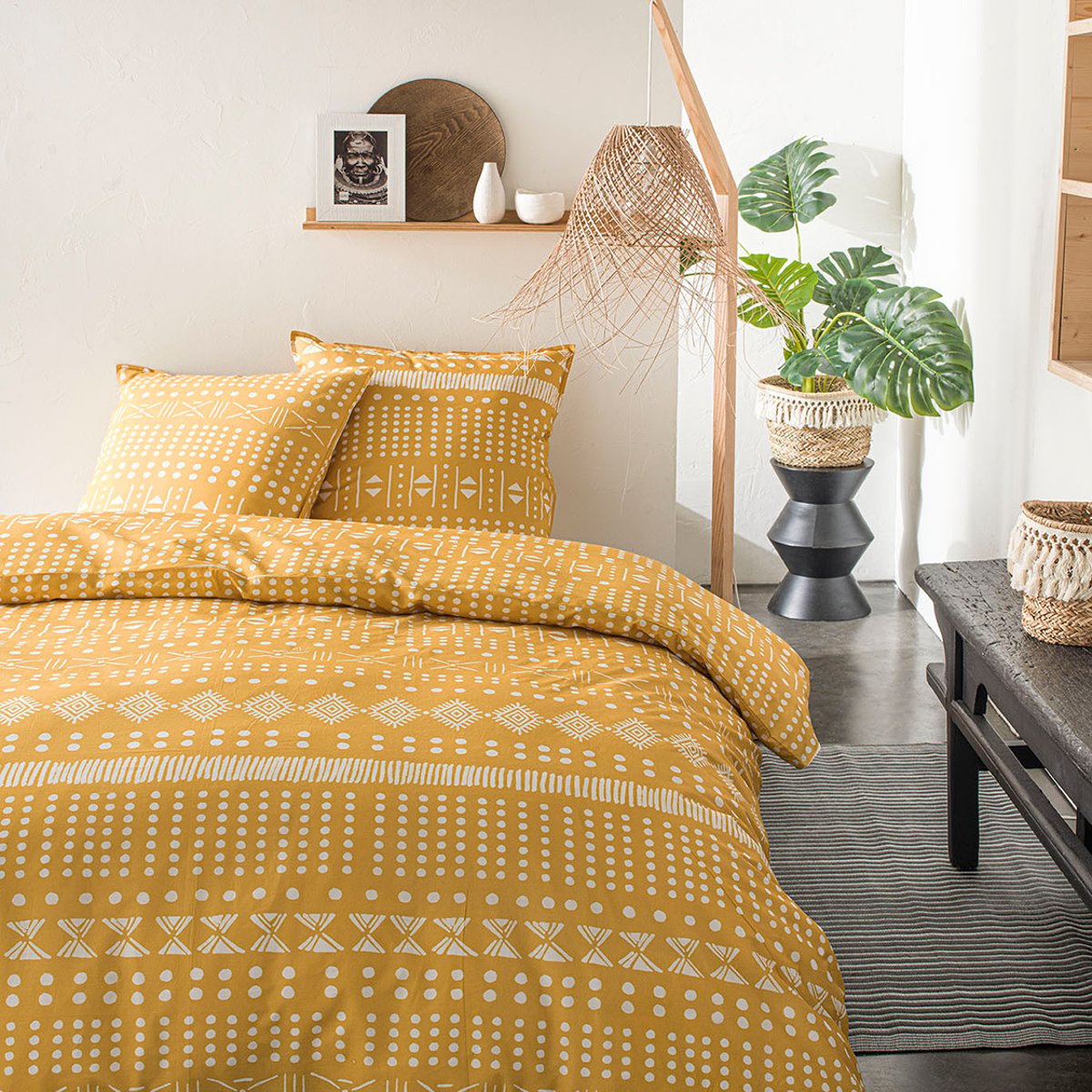 Parure de lit coton 2 personnes imprimé ethnique SUNSHINE jaune, TODAY