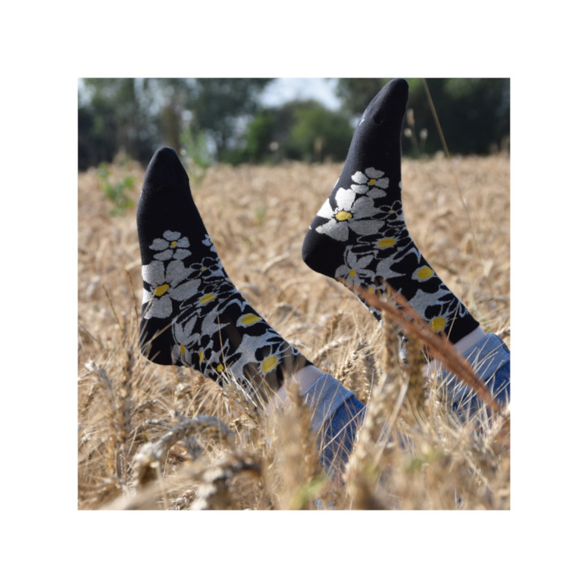 Mi-chaussettes jersey 'Big Flowers' coton fabrication française noir, KINDY