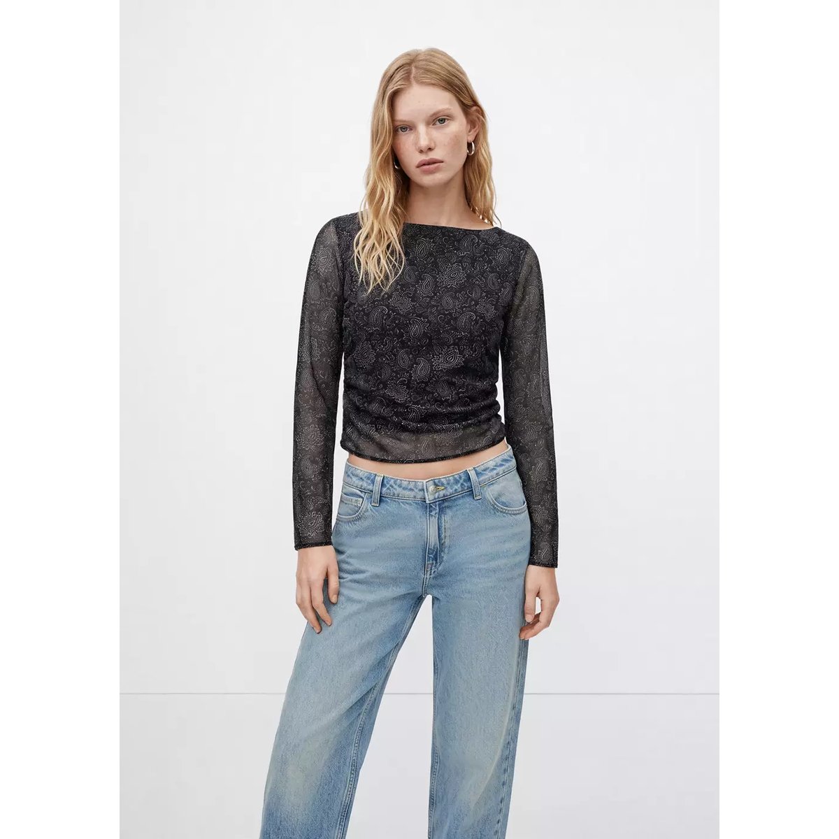 Blouse paisley col bateau noir, MANGO TEEN