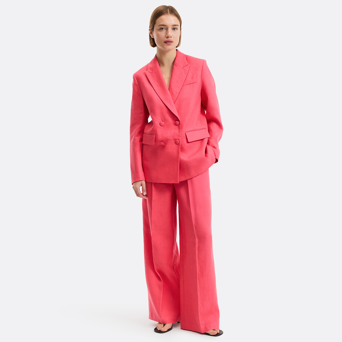 Linen Pleat Front Wide Leg Trousers strawberry pink, LA REDOUTE COLLECTIONS