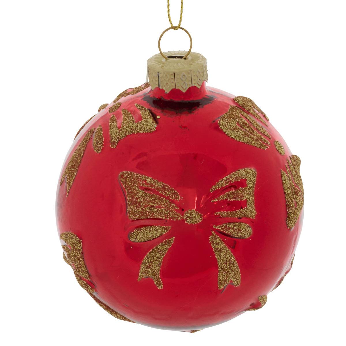 Boule de Noël motif nœud doré en verre rouge D. 80 mm rouge, FEERIC LIGHTS & CHRISTMAS