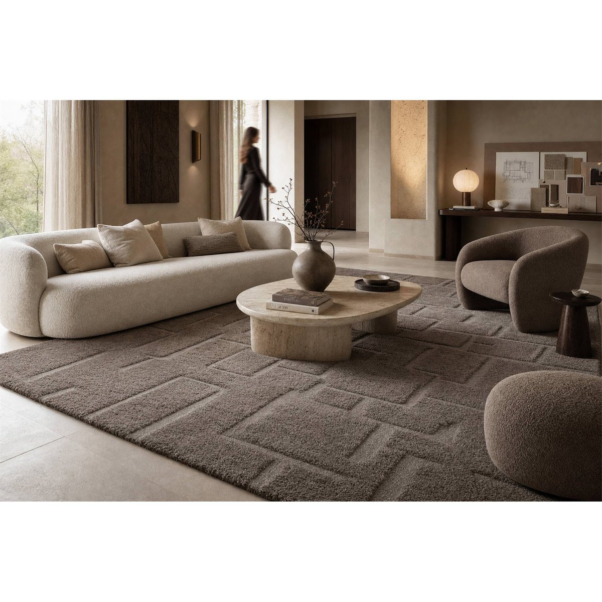 Tapis en laine à relief graphique amande, RECOLLECTION