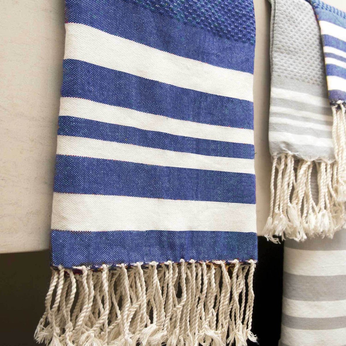 Foutas de bain (1+2) coton HAMPTONS bleu grec / blanc, FEBRONIE