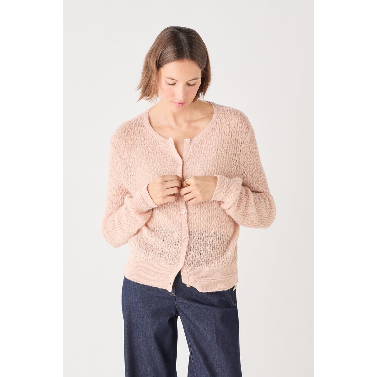 Gilet droit en alpaga JADE rose saumon, CAROLL