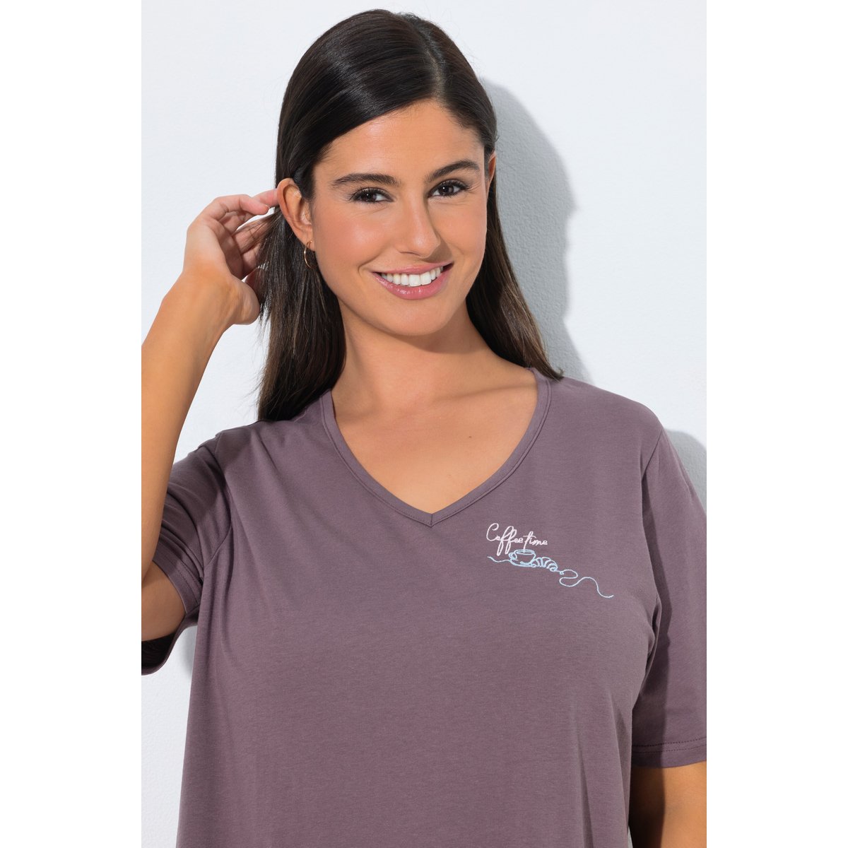 T-shirt long, Coffee Time, Col en V terre, ULLA POPKEN