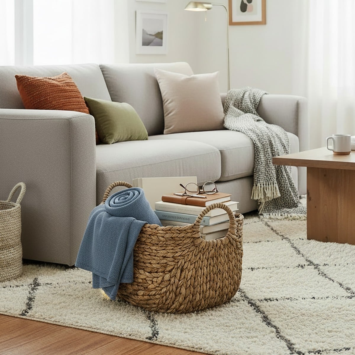 Panier en Jacinthe d'eau avec poignées - L36xP19xH22 beige, CALICOSY