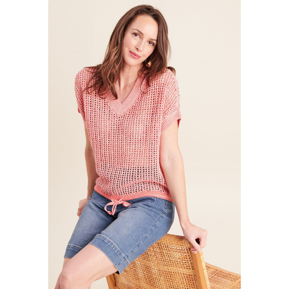 Pull col v manches courtes rouge, BREAL