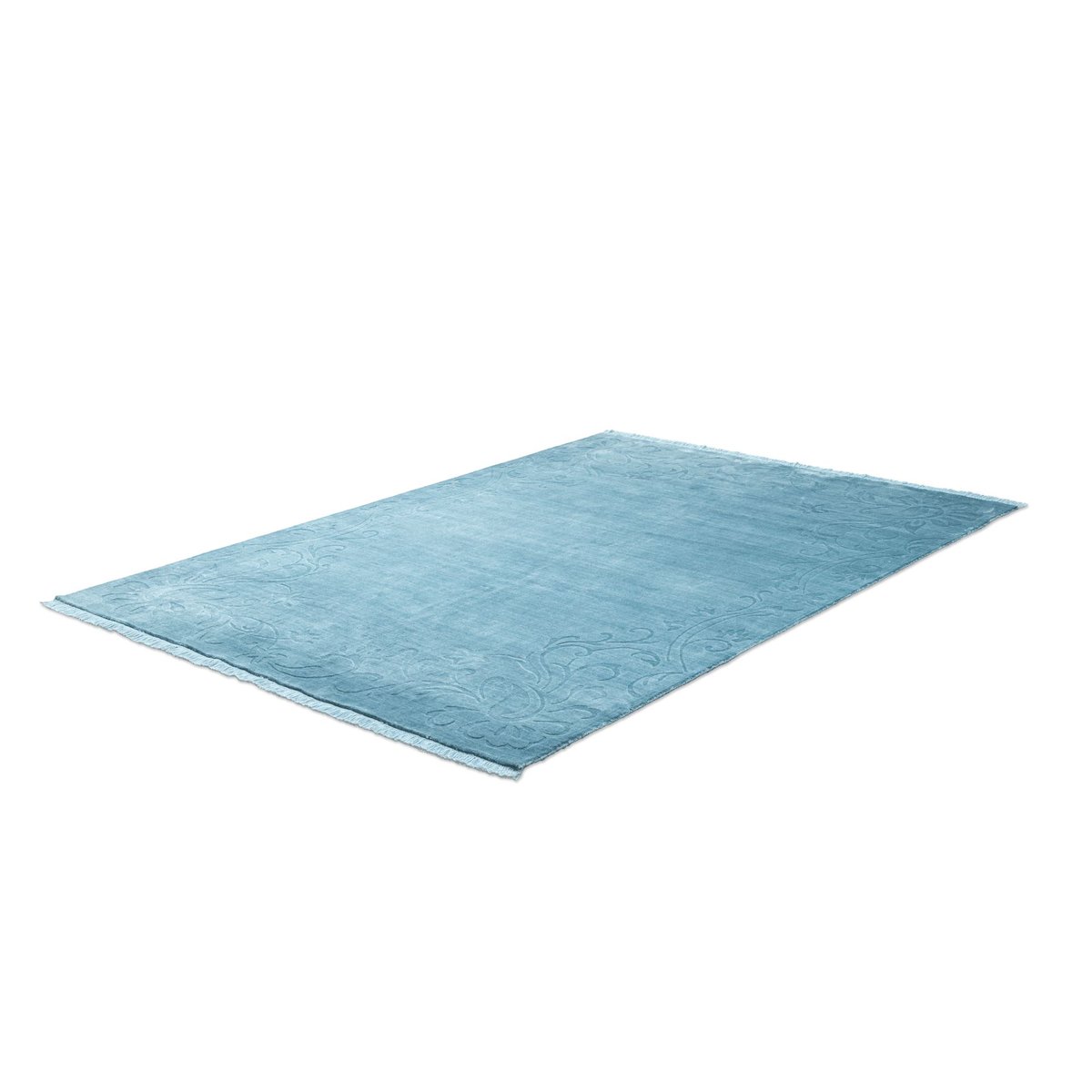 Tapis salon Ewa, noué main, à franges turquoise, THEKO