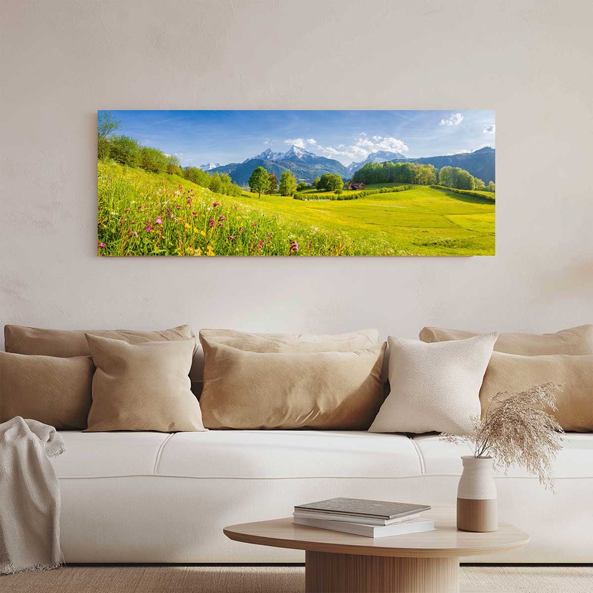 Tableau panoramique prairie alpine fleurs et montagnes toile imprimée, HEXOA